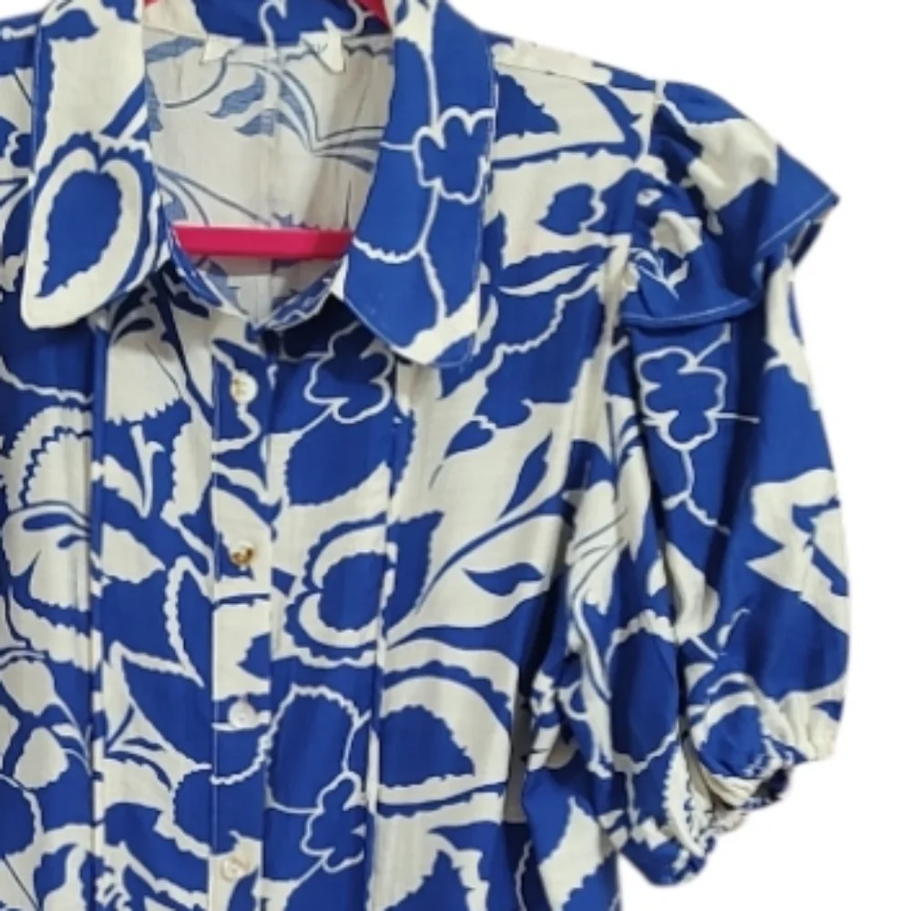 Anthropologie Blue & White Floral Puff Sleeve Button Front Structured Collar